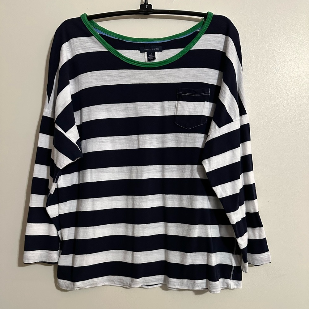 Tommy Hilfiger Navy/White 3/4 Sleeve Cotton Jersey Top W/Green Neckband, Size L